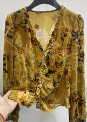 Vintage Yellow V Neck Ruffled Button Silk Velour Shirt Fall