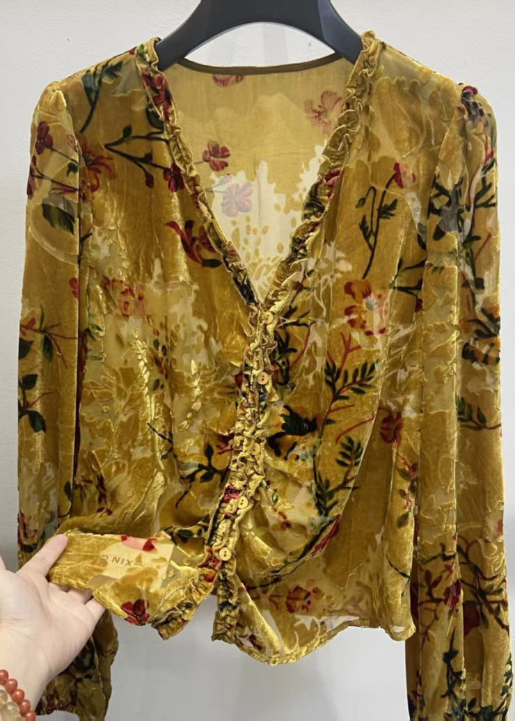 Vintage Yellow V Neck Ruffled Button Silk Velour Shirt Fall