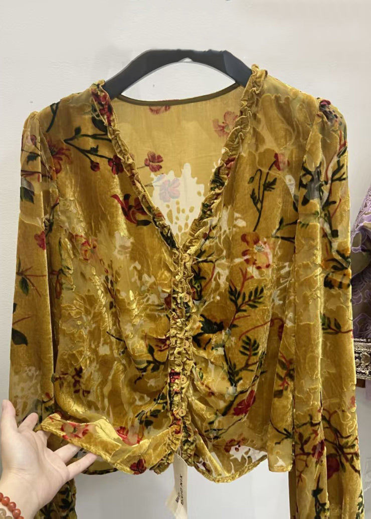 Vintage Yellow V Neck Ruffled Button Silk Velour Shirt Fall