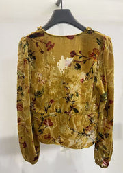 Vintage Yellow V Neck Ruffled Button Silk Velour Shirt Fall