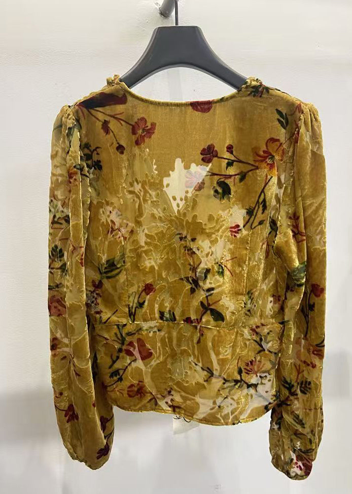 Vintage Yellow V Neck Ruffled Button Silk Velour Shirt Fall