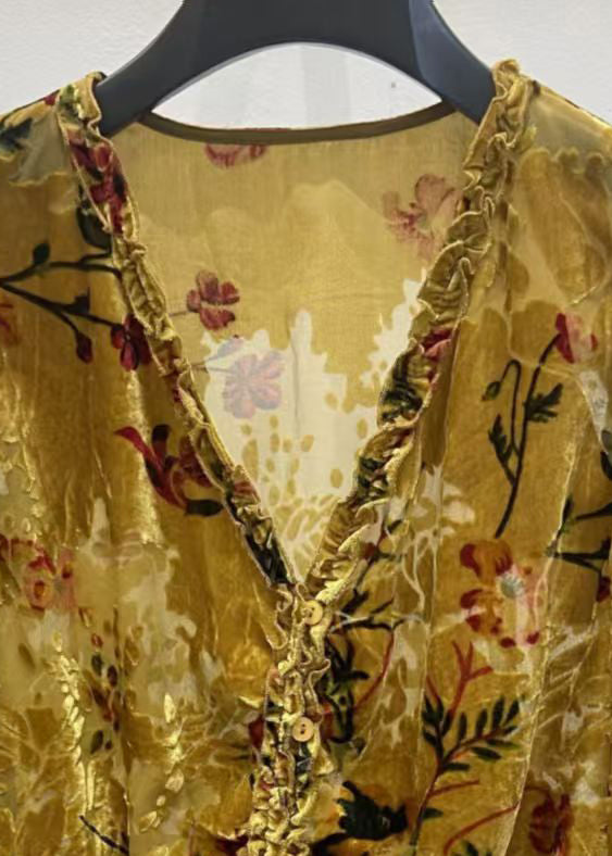 Vintage Yellow V Neck Ruffled Button Silk Velour Shirt Fall