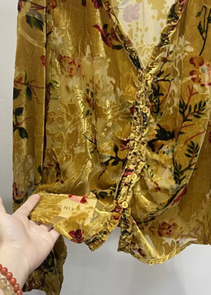 Vintage Yellow V Neck Ruffled Button Silk Velour Shirt Fall