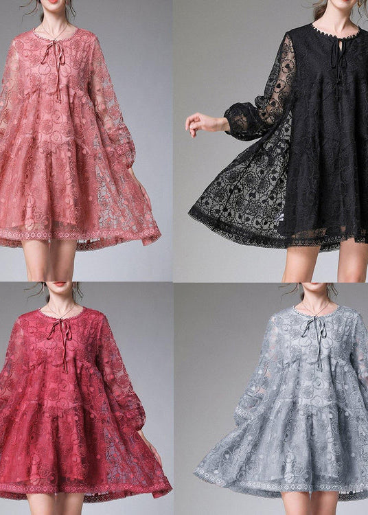 Vintage Grey Long sleeve Lace Summer Maxi Dresses