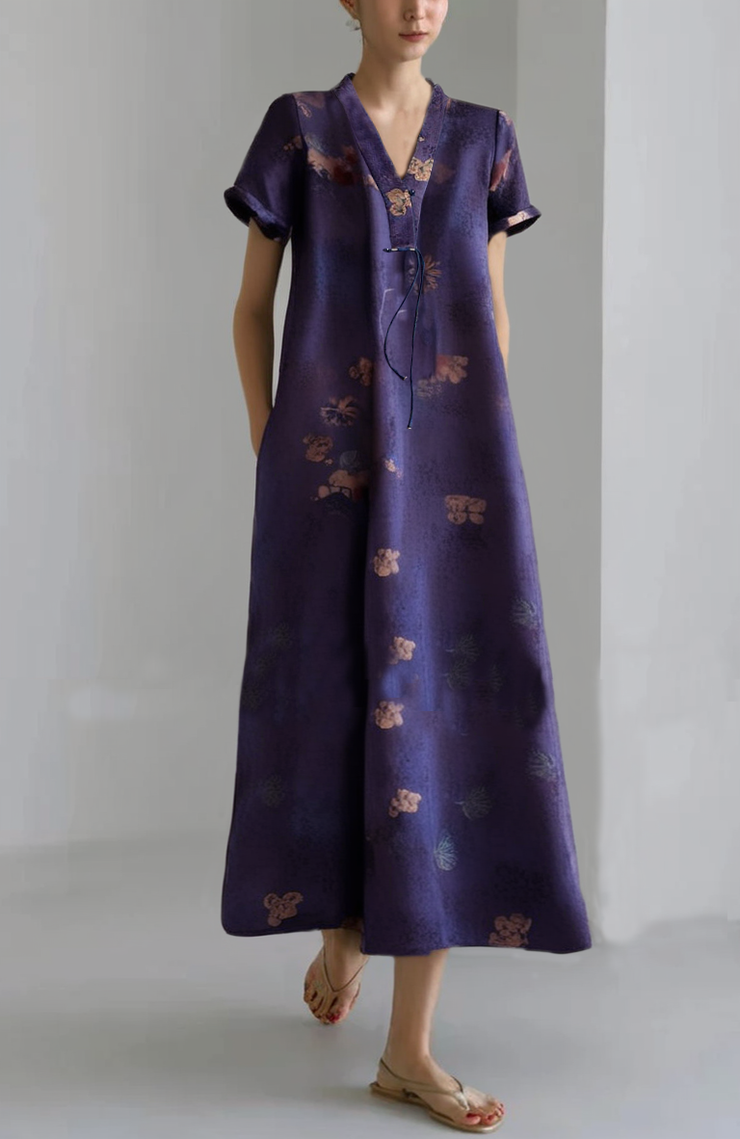 Grace Purple V Neck Slim Fit Tassel Print Silk Dresses Short Sleeve