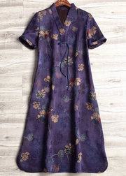 Grace Purple V Neck Slim Fit Tassel Print Silk Dresses Short Sleeve