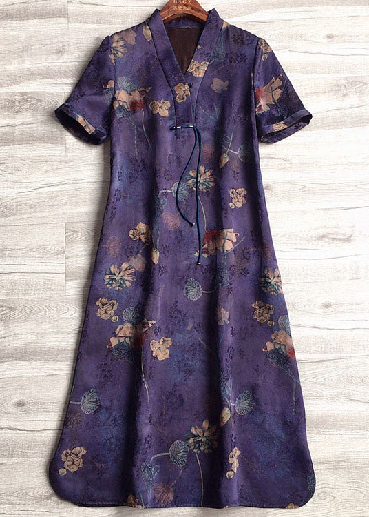 Grace Purple V Neck Slim Fit Tassel Print Silk Dresses Short Sleeve