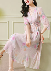 Vogue Apricot V Neck Print Zircon Long Dress Puff Sleeve