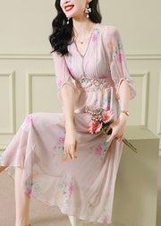 Vogue Apricot V Neck Print Zircon Long Dress Puff Sleeve