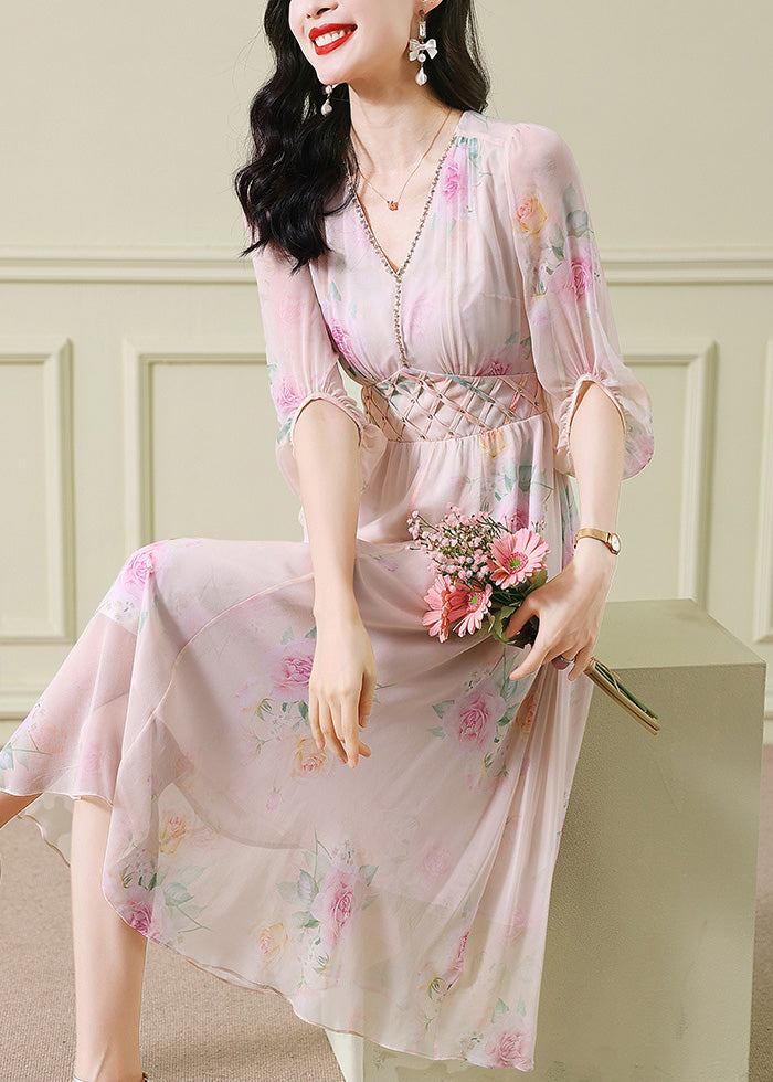 Vogue Apricot V Neck Print Zircon Long Dress Puff Sleeve