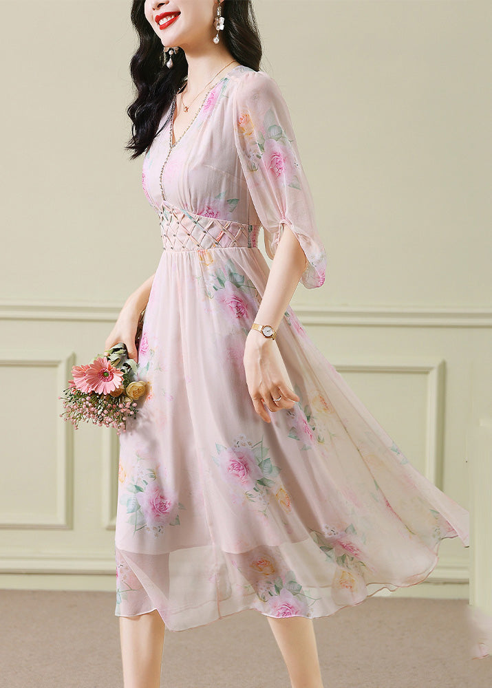 Vogue Apricot V Neck Print Zircon Long Dress Puff Sleeve