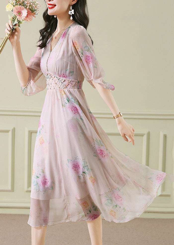 Vogue Apricot V Neck Print Zircon Long Dress Puff Sleeve