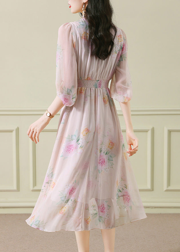 Vogue Apricot V Neck Print Zircon Long Dress Puff Sleeve