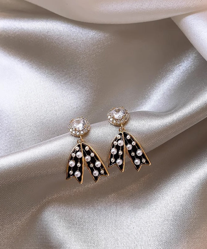 Vogue Black Copper Alloy Bow Pearl Drop Earrings