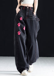 Vogue Black High Waist Pockets Print Wide Leg Jeans Fall