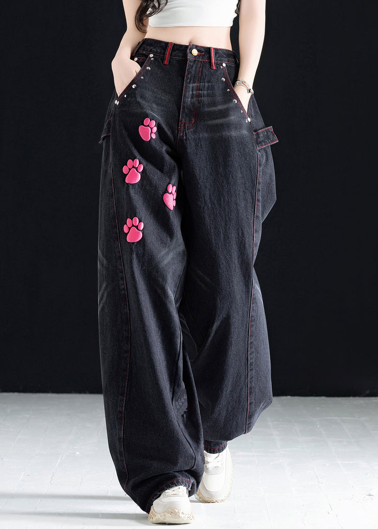 Vogue Black High Waist Pockets Print Wide Leg Jeans Fall