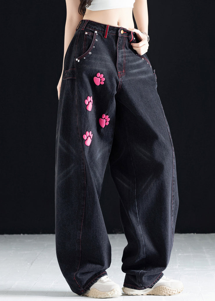 Vogue Black High Waist Pockets Print Wide Leg Jeans Fall