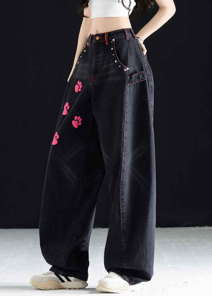 Vogue Black High Waist Pockets Print Wide Leg Jeans Fall