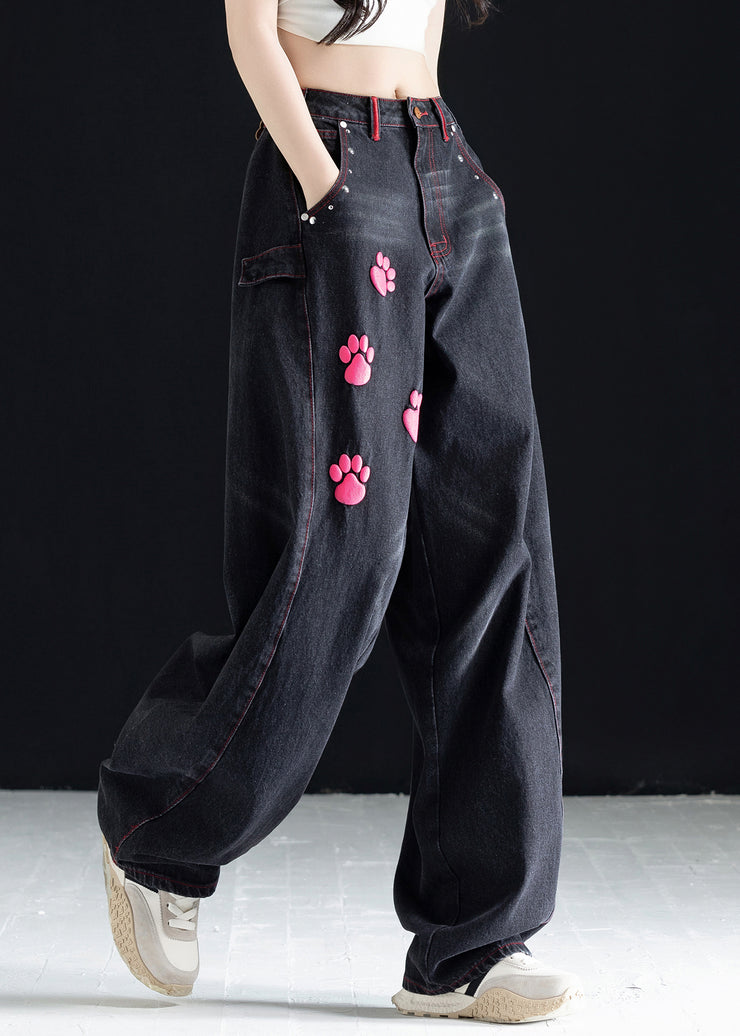 Vogue Black High Waist Pockets Print Wide Leg Jeans Fall