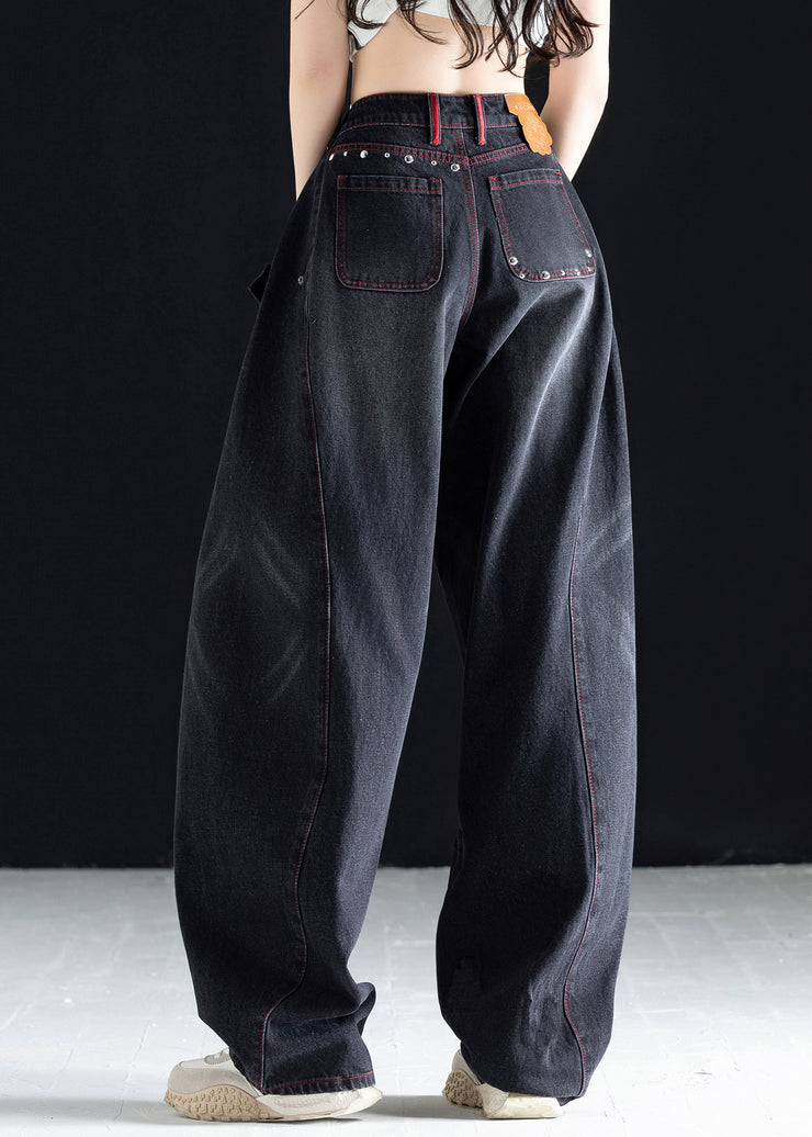 Vogue Black High Waist Pockets Print Wide Leg Jeans Fall