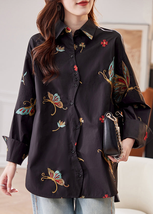 Vogue Black Peter Pan Collar Print Cotton Shirts Flare Sleeve