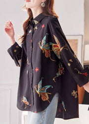 Vogue Black Peter Pan Collar Print Cotton Shirts Flare Sleeve