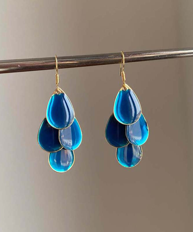 Vogue Blue Copper Overgild Drip Glazed Water Drop Tassel Drop Earrings