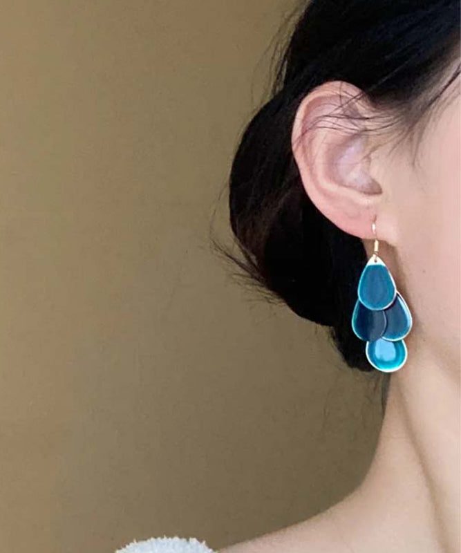 Vogue Blue Copper Overgild Drip Glazed Water Drop Tassel Drop Earrings