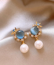 Vogue Blue Copper Overgild Zircon Pearl Cat's Eye Stone Drop Earrings