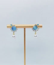 Vogue Blue Copper Overgild Zircon Pearl Cat's Eye Stone Drop Earrings