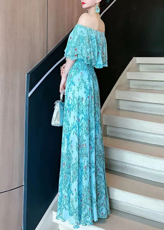 Vogue Blue Slash Neck Chiffon Vacation Dresses Summer