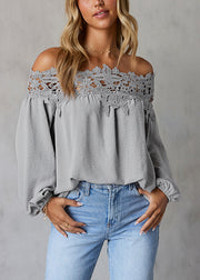 Vogue Blue Slash Neck Cold Shoulder Lace Top Fall