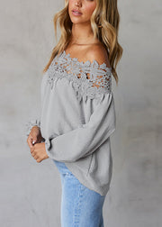 Vogue Blue Slash Neck Cold Shoulder Lace Top Fall