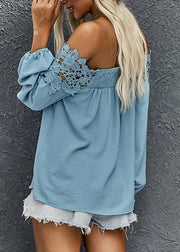 Vogue Blue Slash Neck Cold Shoulder Lace Top Fall