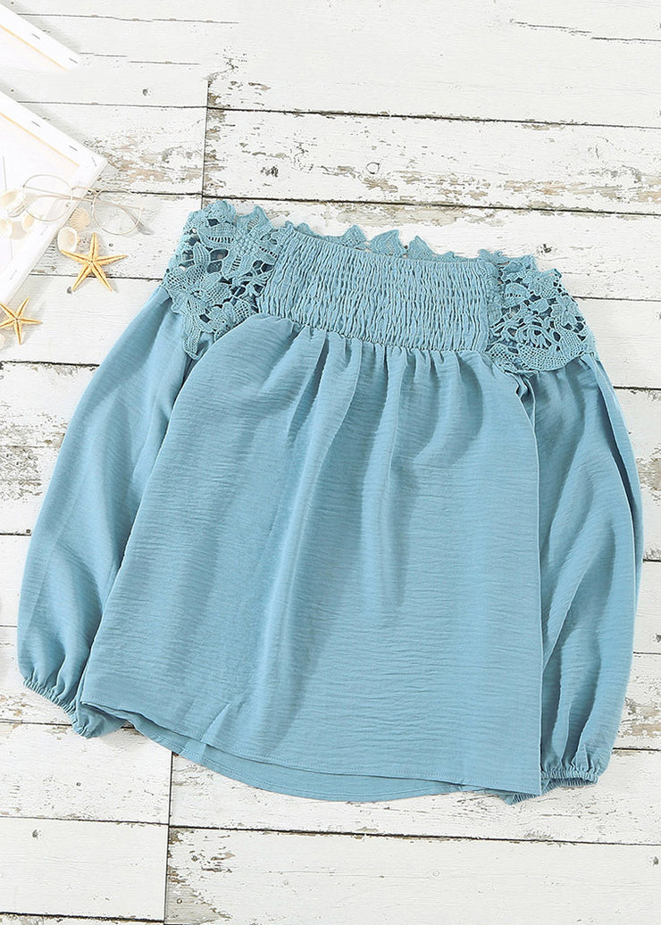 Vogue Blue Slash Neck Cold Shoulder Lace Top Fall