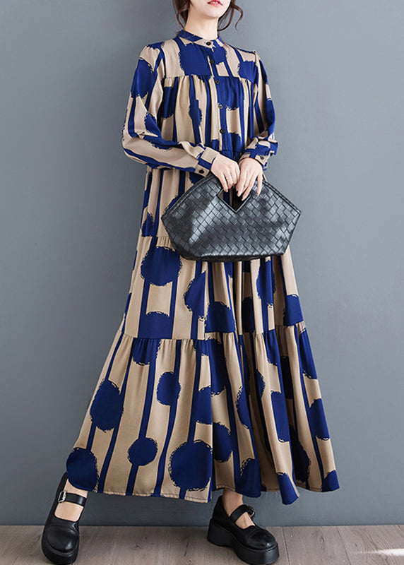 Vogue Blue Stand Collar Dot Print Wrinkled Holiday Chiffon Maxi Dress Spring