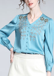 Vogue Blue V Neck Embroideried Button Nail Bead Silk Top Long Sleeve