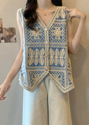 Vogue Blue V Neck Lace Patchwork Waistcoat Vest Sleeveless