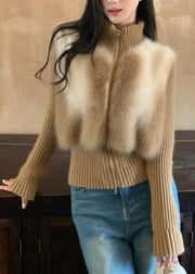 Vogue Coffee Turtleneck Zippered Patchwork Cotton Knit Cardigans Winter