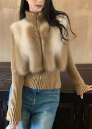 Vogue Coffee Turtleneck Zippered Patchwork Cotton Knit Cardigans Winter