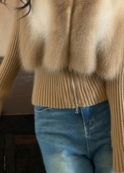 Vogue Coffee Turtleneck Zippered Patchwork Cotton Knit Cardigans Winter