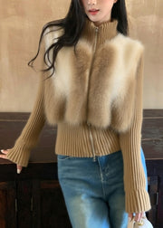 Vogue Coffee Turtleneck Zippered Patchwork Cotton Knit Cardigans Winter