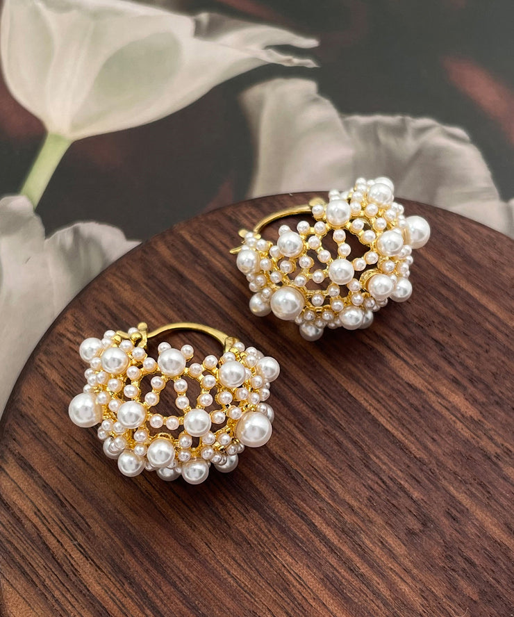 Vogue Colorblock Copper Overgild Pearl Hollow Out Hoop Earrings