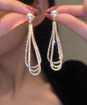 Vogue Gold Alloy Zircon Pearl Tassel Drop Earrings
