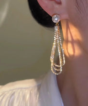 Vogue Gold Alloy Zircon Pearl Tassel Drop Earrings