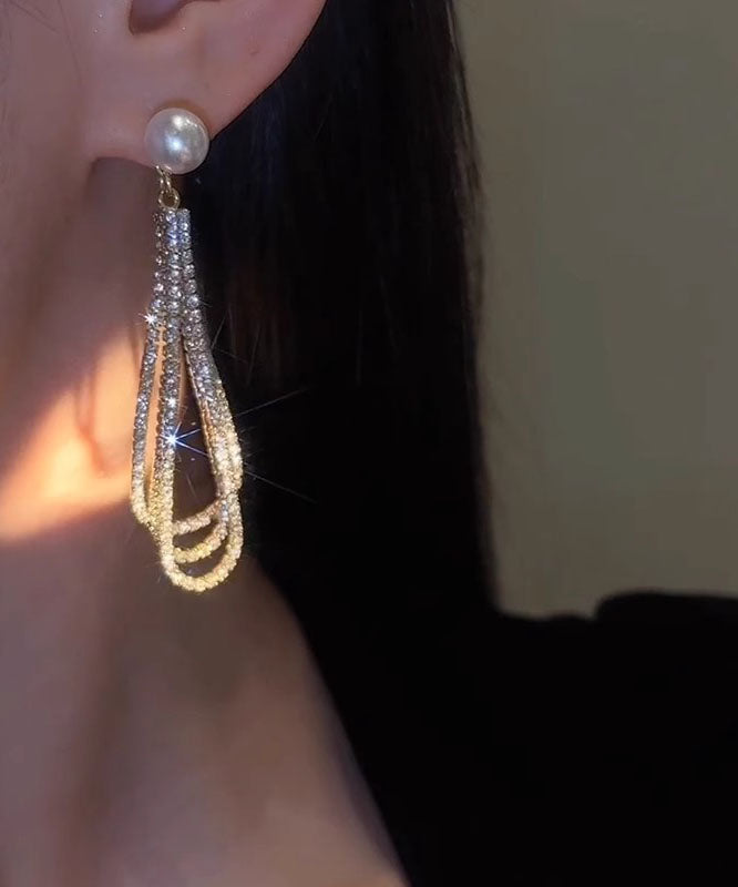 Vogue Gold Alloy Zircon Pearl Tassel Drop Earrings