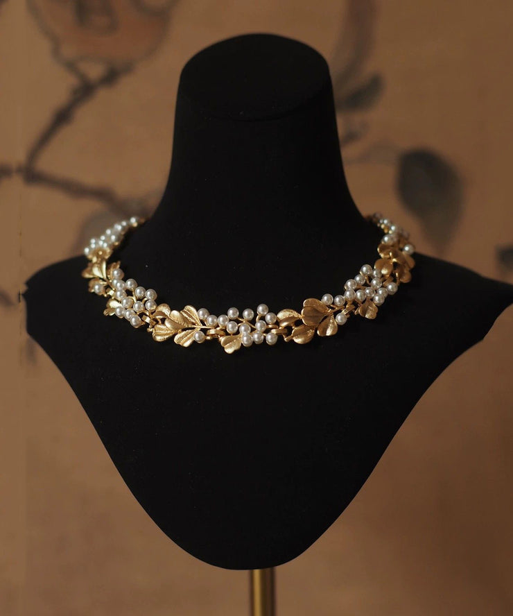 Vogue Gold Copper Alloy Pearl Ginkgo Leaf Gratuated Bead Necklace