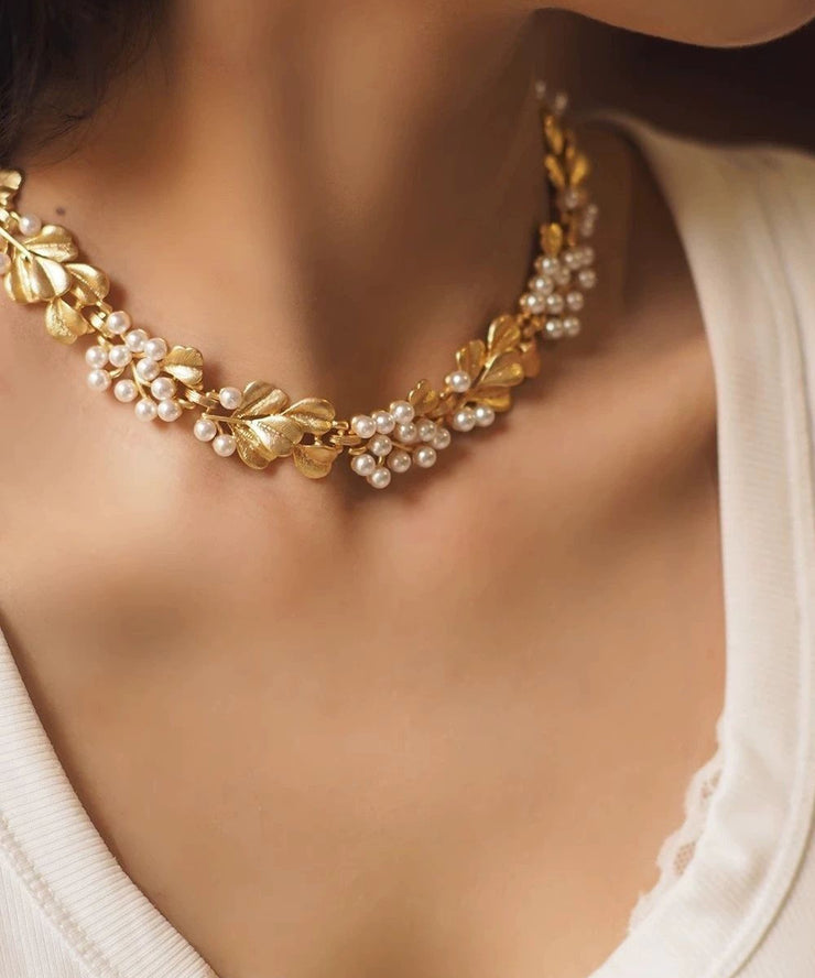 Vogue Gold Copper Alloy Pearl Ginkgo Leaf Gratuated Bead Necklace