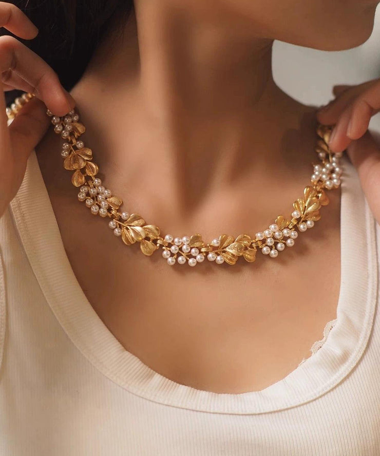 Vogue Gold Copper Alloy Pearl Ginkgo Leaf Gratuated Bead Necklace