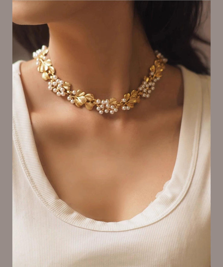Vogue Gold Copper Alloy Pearl Ginkgo Leaf Gratuated Bead Necklace